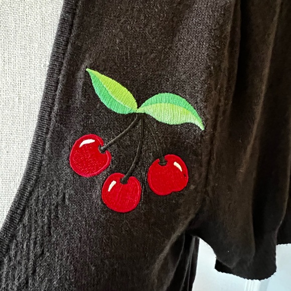 Torrid, Cherry Embroidered-Front Self Tie-short sleeves Vintage Black Cardigan. - Picture 3 of 9